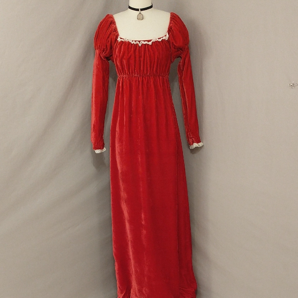 Rose Red Velvet Empire Maxi Dress Vintage 60/70s Lace Trim Feminine Party XS/S 4